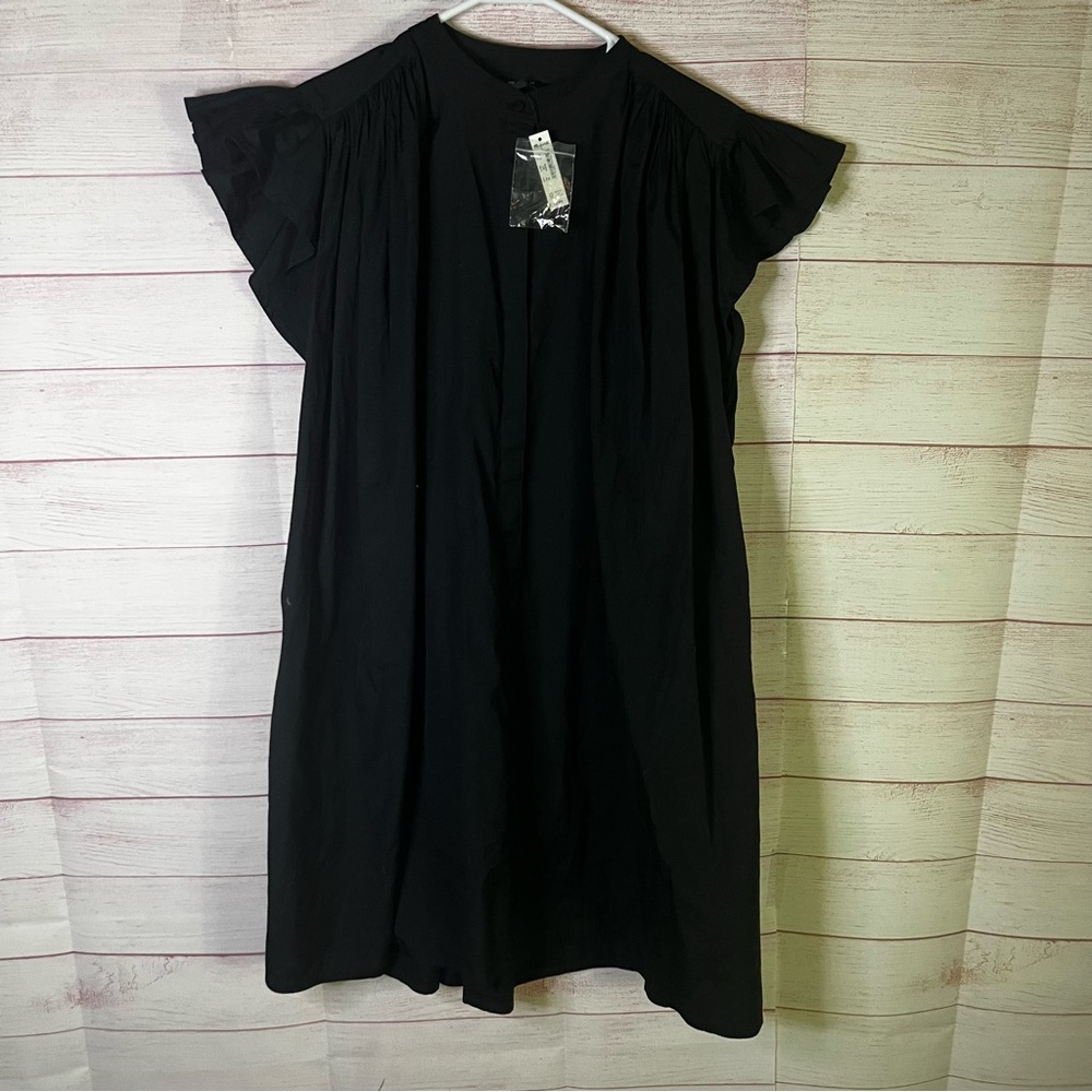 Madewell NWT Black Flutter Sleeve Button Front Poplin Minidress Size Large